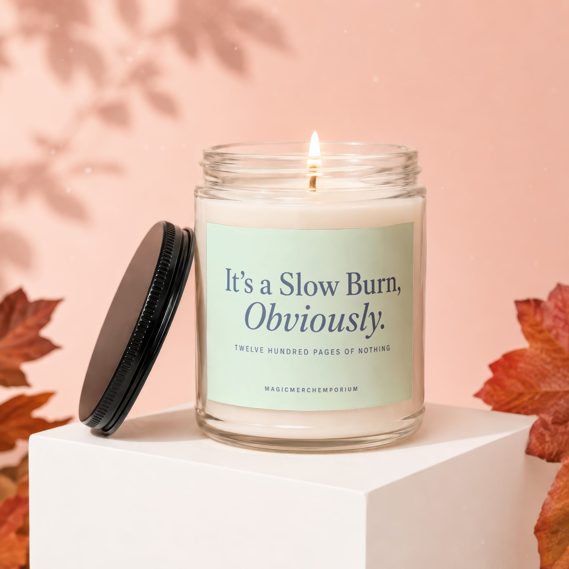 Candle with text "It's a Slow Burn, Obviously." on cream label.
