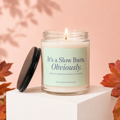 Candle with text "It's a Slow Burn, Obviously." on cream label.
