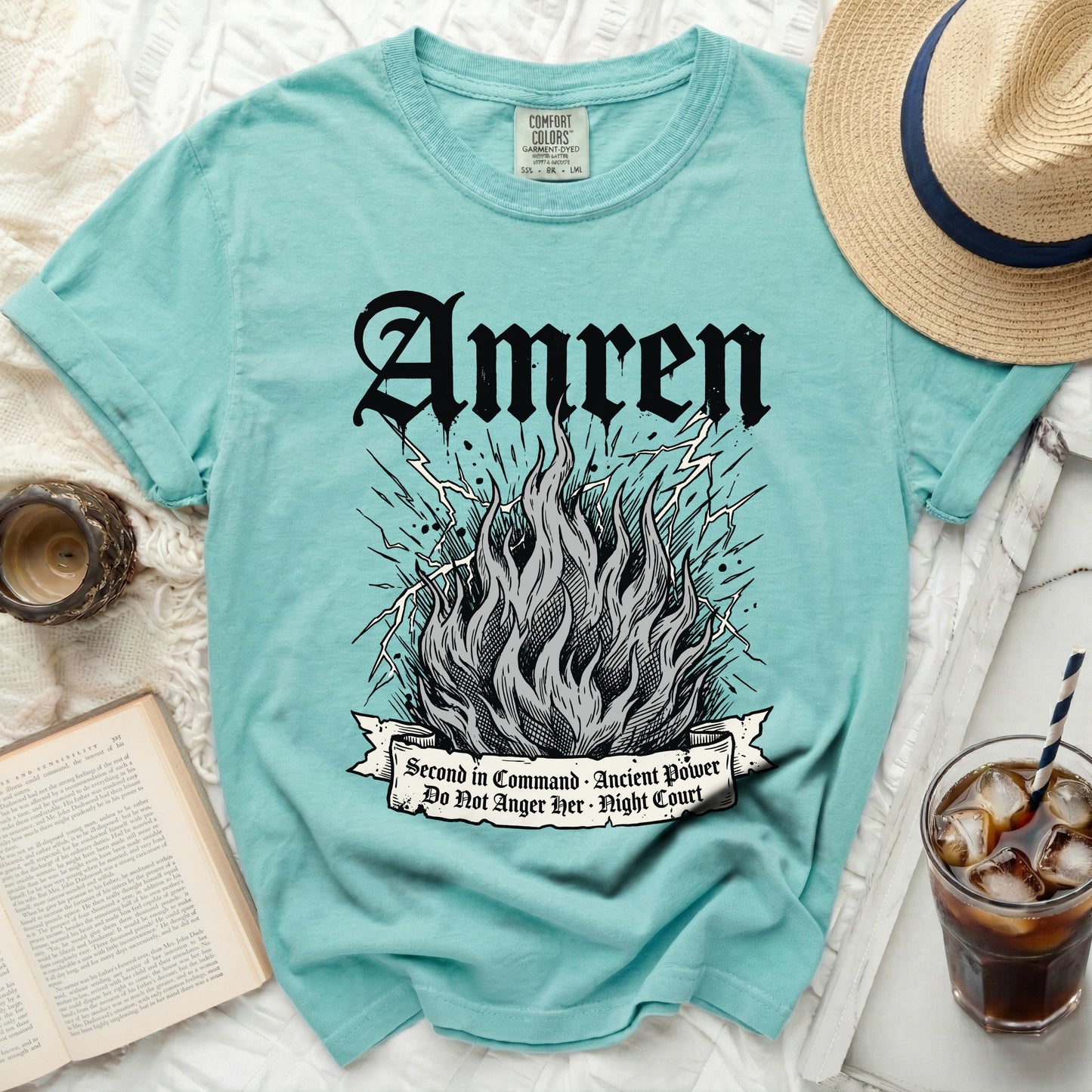 Turquoise t-shirt with "Amren" and flame graphic, "Second in Command. Ancient Power. Do Not Anger Her. Night Court."