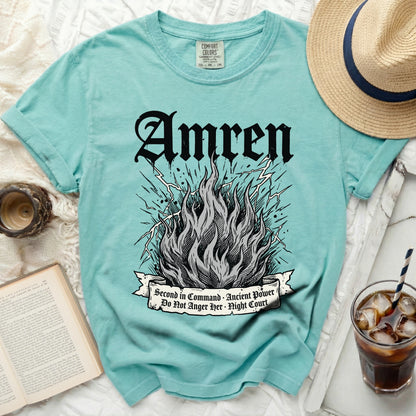 Turquoise t-shirt with "Amren" and flame graphic, "Second in Command. Ancient Power. Do Not Anger Her. Night Court."