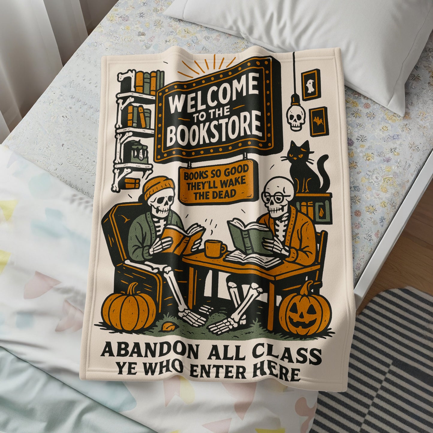 Welcome to the Bookstore Skeletons Reading Blanket