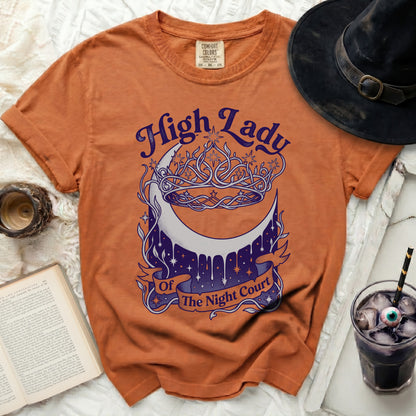Orange t-shirt with "High Lady of The Night Court" graphic.