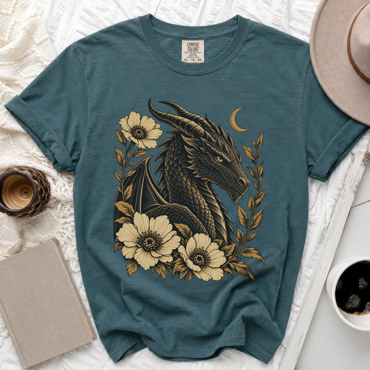 Teal t-shirt with dragon and floral graphic, Comfort Colors XL size.