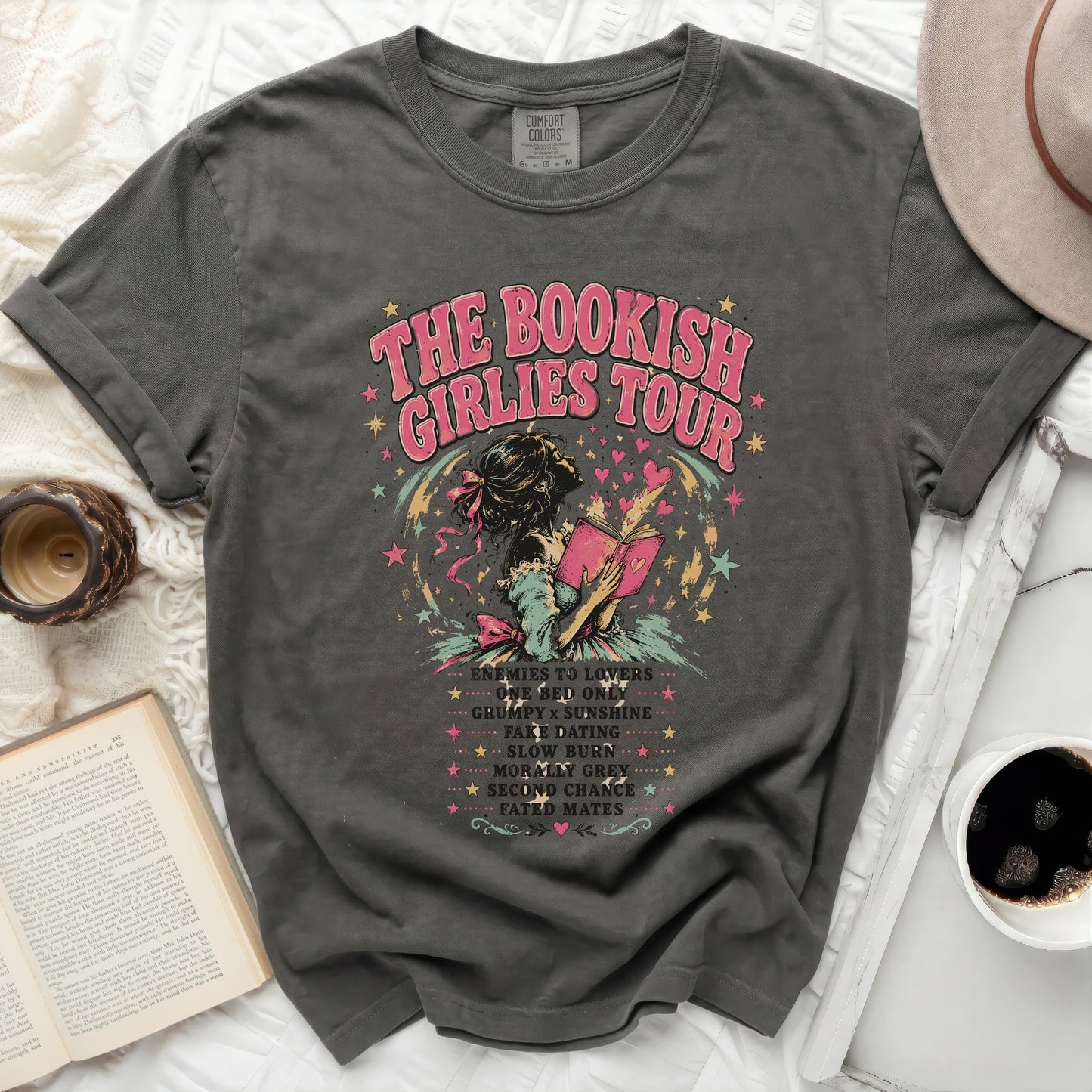 Dark gray t-shirt with "The Bookish Girlies Tour" graphic.