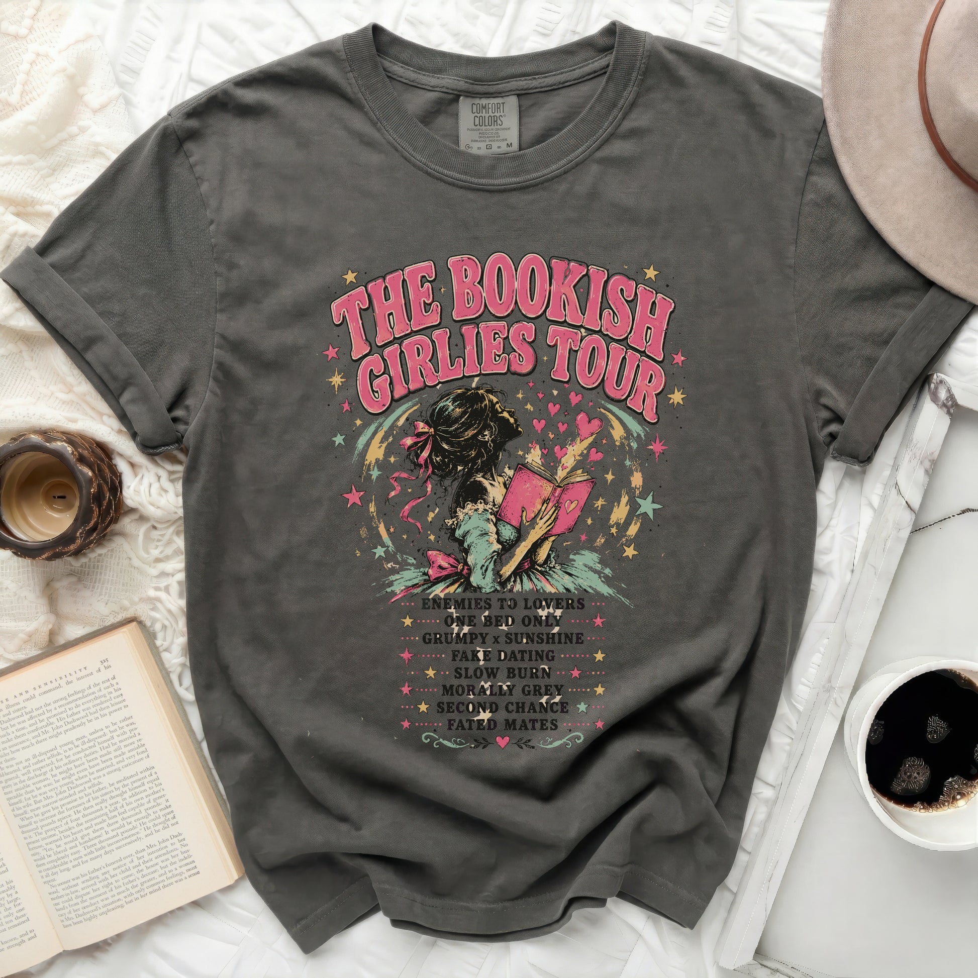 Dark gray t-shirt with "The Bookish Girlies Tour" graphic.