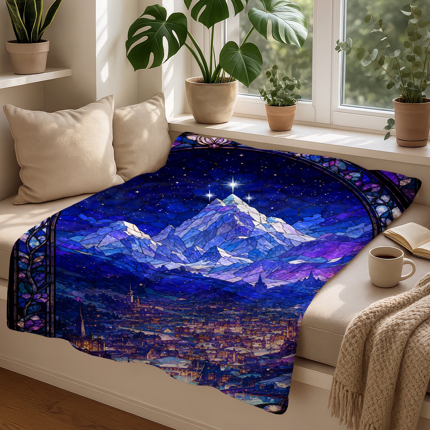 Stained glass blanket of a starry night over snowy mountains and a glowing city.
