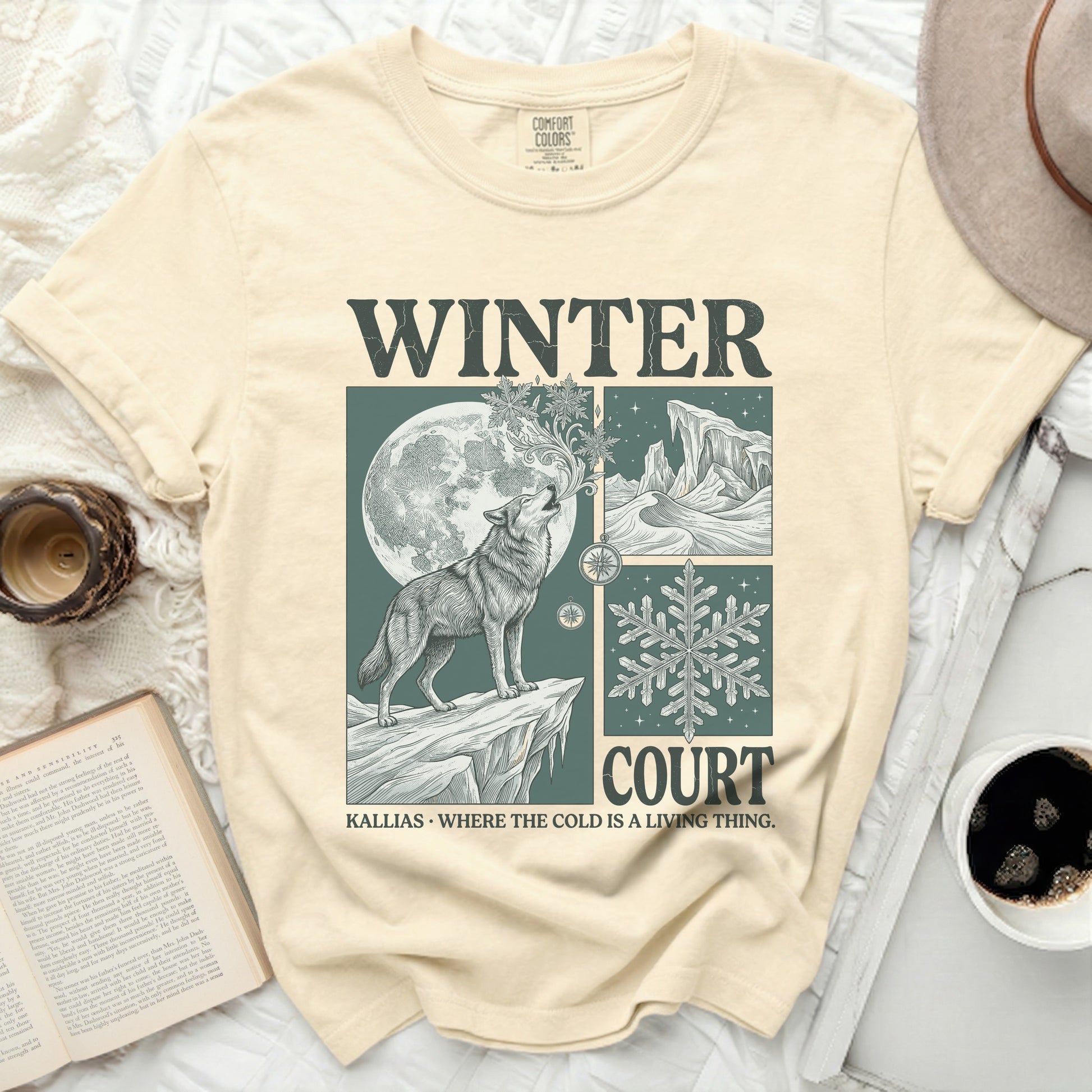 Comfort Colors t-shirt with Winter Court graphic featuring a wolf and snowflake.