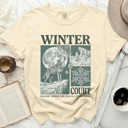 Comfort Colors t-shirt with Winter Court graphic featuring a wolf and snowflake.
