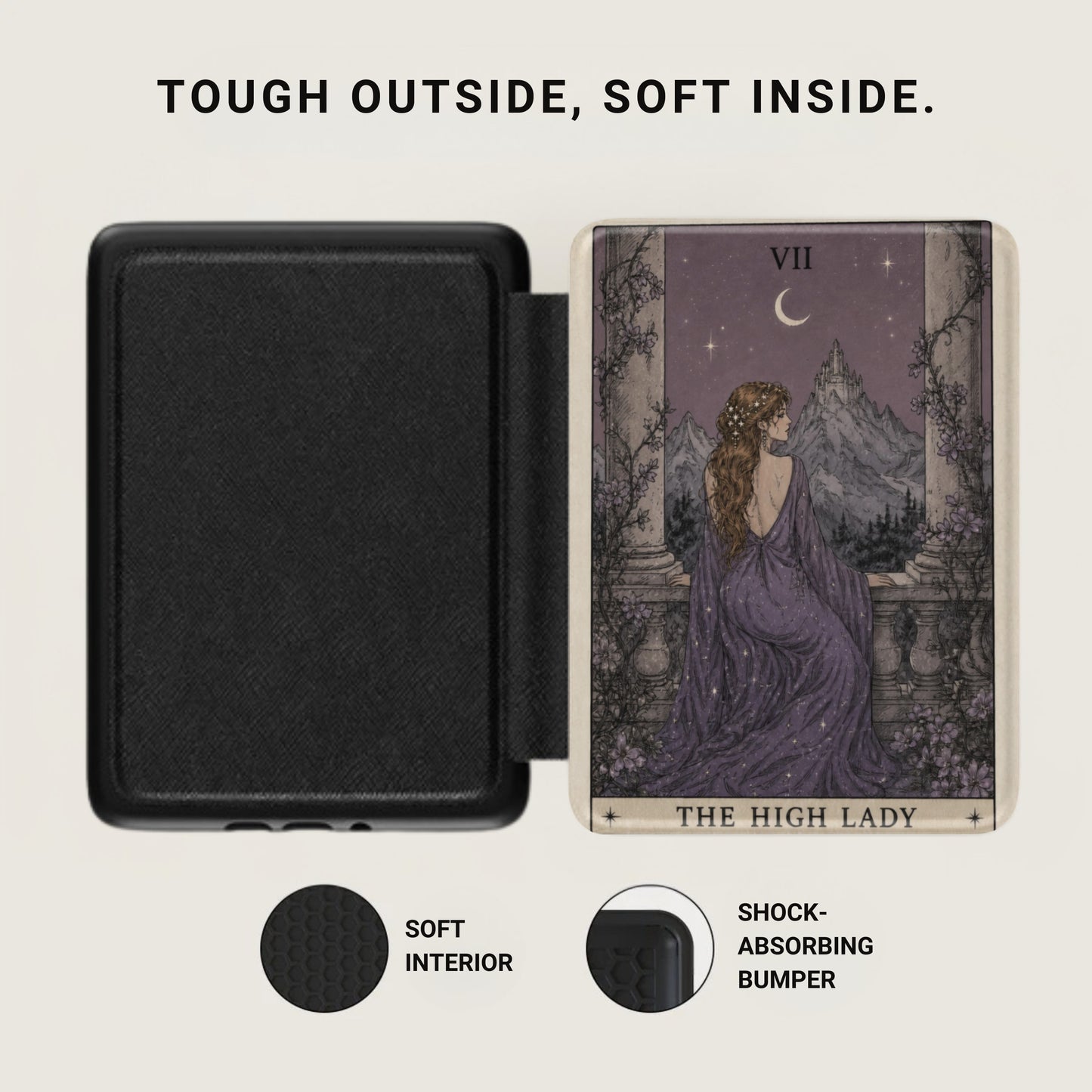 Black case with tarot card image of "The High Lady" and text.