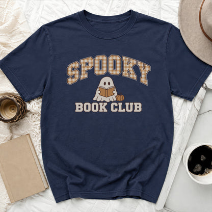 Navy t-shirt with ghost reading book, pumpkin, and text "SPOOKY BOOK CLUB".