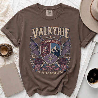 Brown t-shirt with Valkyrie Training Society shield and Illyrian Mountains text.
