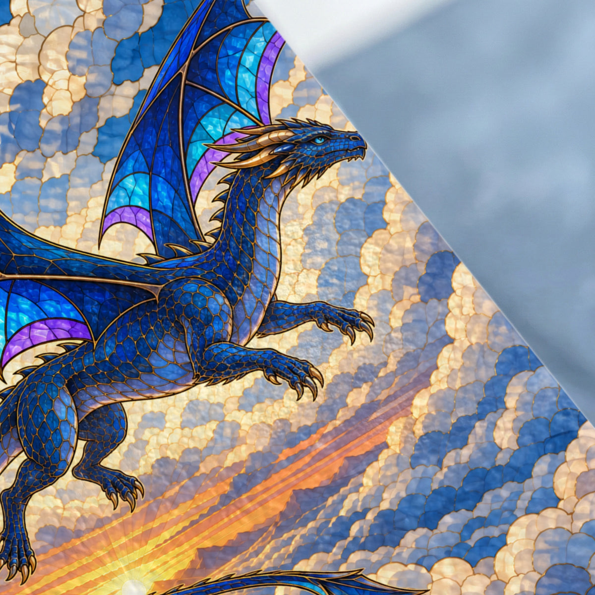 Blue dragon with stained-glass wings flies through a sunrise sky.