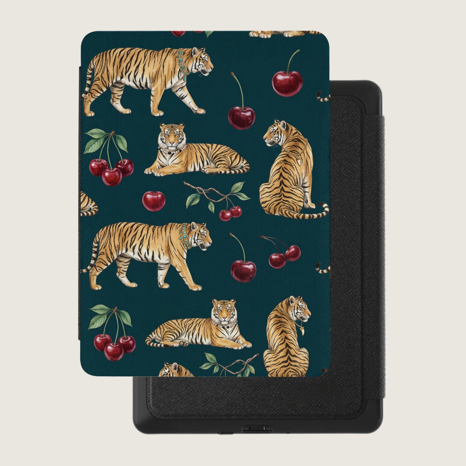 Tiger and cherry pattern on a dark teal background, with a black case.