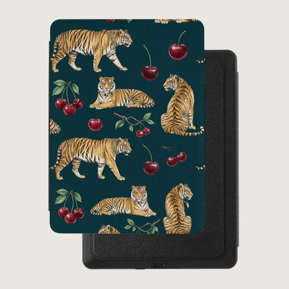 Tiger and cherry pattern on a dark teal background, with a black case.
