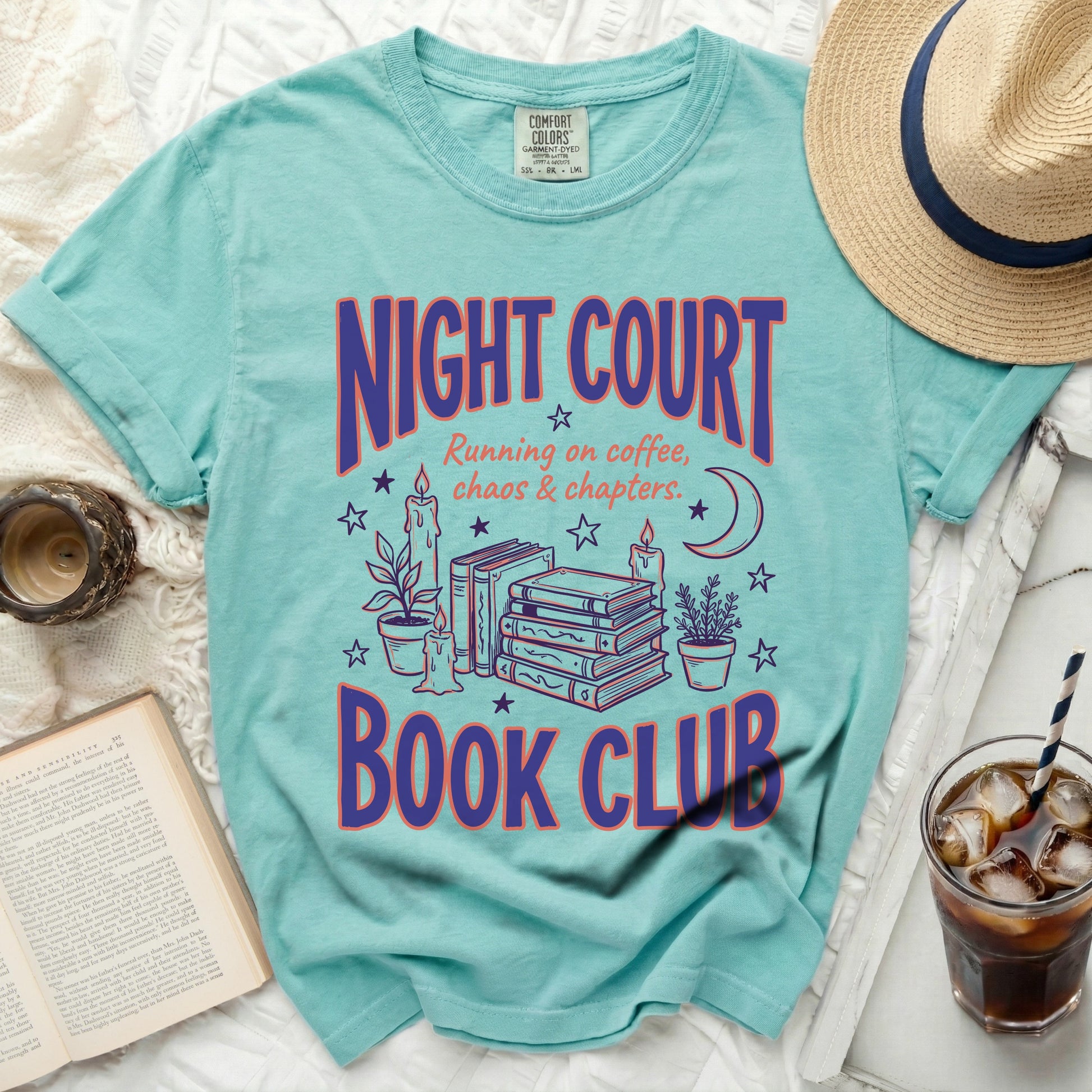 Aqua t-shirt with "Night Court Book Club" and "Running on coffee, chaos & chapters" graphic.