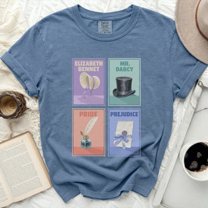 Blue t-shirt with four illustrated panels: Elizabeth Bennet, Mr. Darcy, Pride, Prejudice.