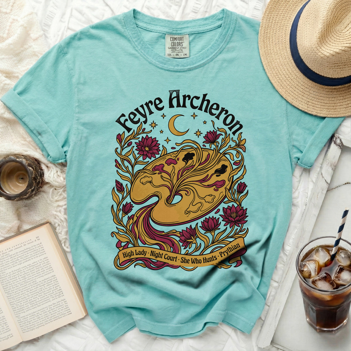 Turquoise Comfort Colors t-shirt with Feyre Archeron artwork and text.