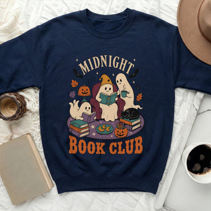 Navy sweatshirt with "Midnight Book Club" text and cartoon ghosts reading.