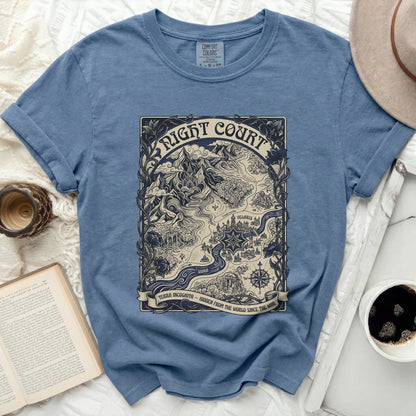 Blue t-shirt with a vintage map design featuring "Night Court" text.