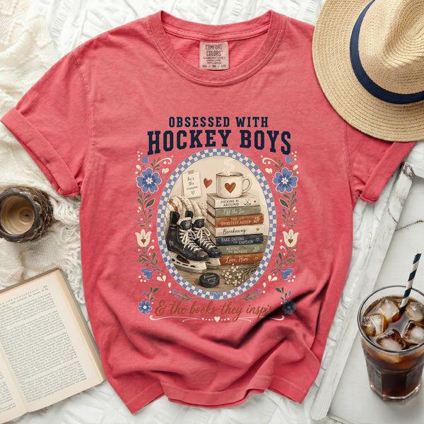 Obsessed With Hockey Boys & Books Tee in Watermelon