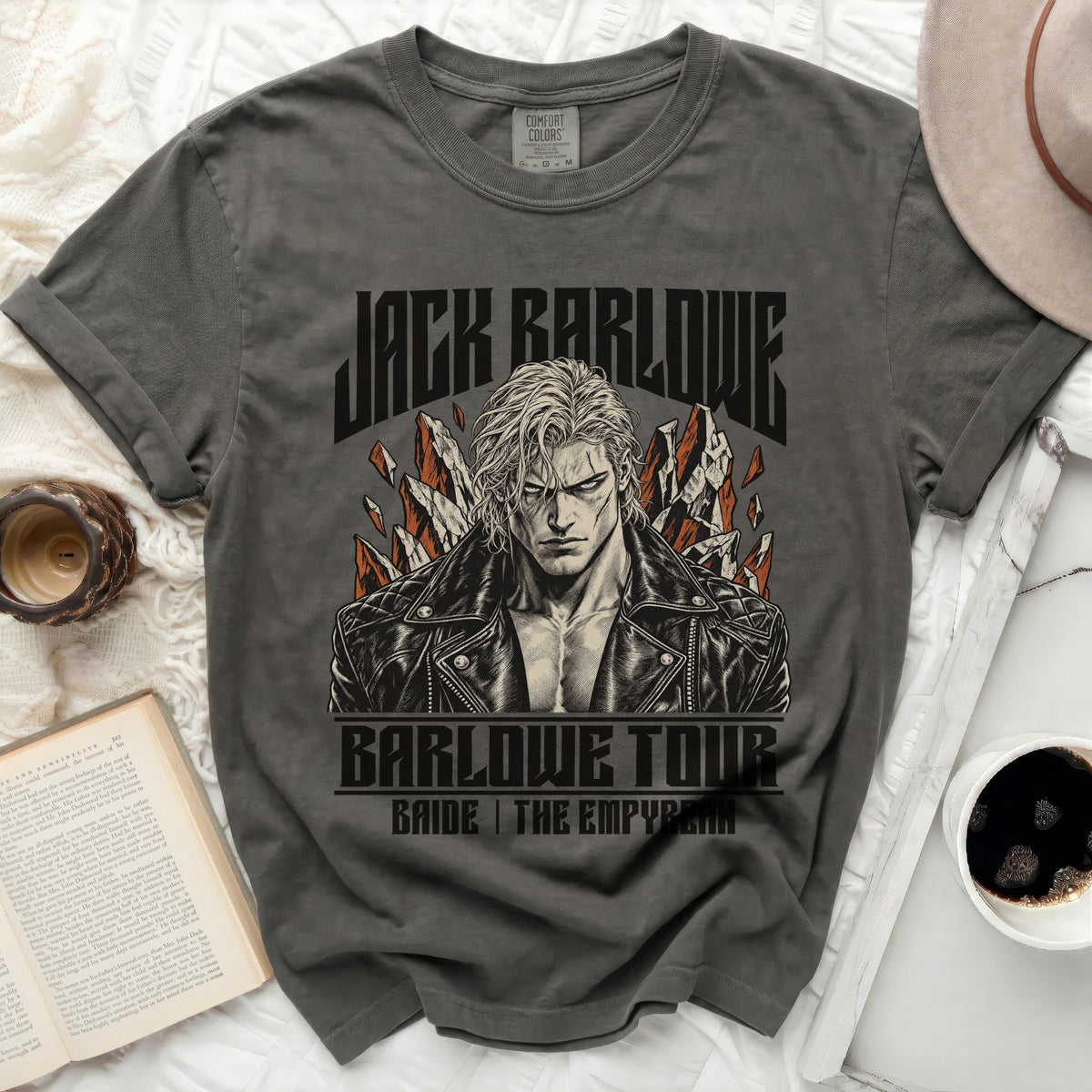 Dark grey t-shirt with Jack Barlowe tour graphic, featuring an illustration and text.