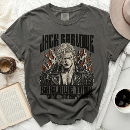 Dark grey t-shirt with Jack Barlowe tour graphic, featuring an illustration and text.