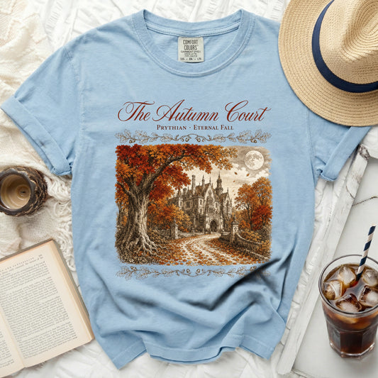 Light blue t-shirt with "The Autumn Court" and castle illustration.