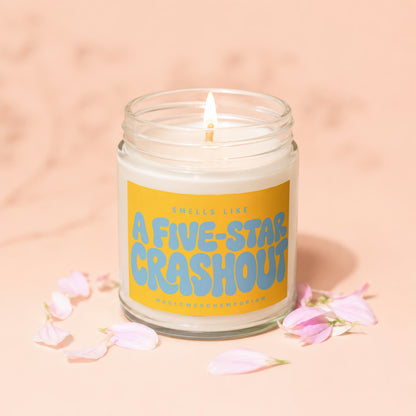 Jar candle with label that says "Smells Like A Five-Star Crashout" and "MagicMerchEmporium"