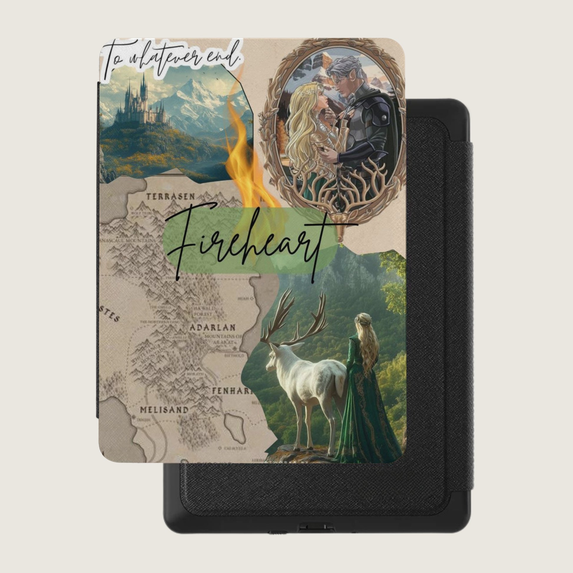 Collage with text "To whatever end Fireheart", map, couple, castle, and deer.