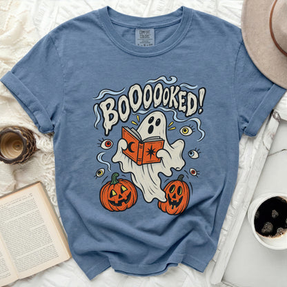 Blue t-shirt with ghost, pumpkins, and "BOOOOOKED!" text.