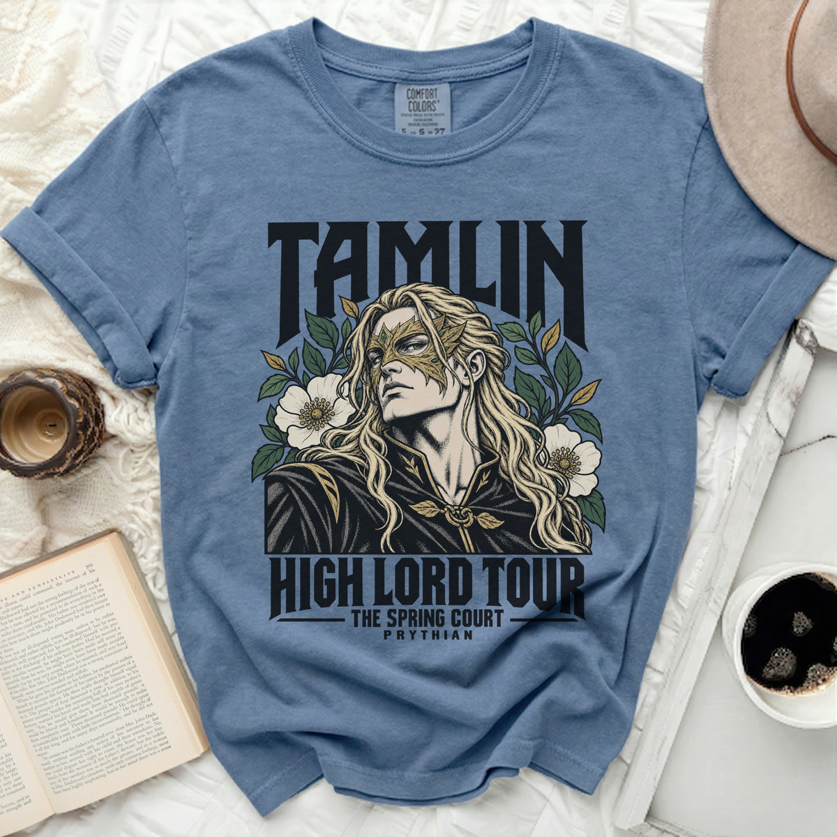 Tamlin High Lord Tour graphic tee with floral accents and text.
