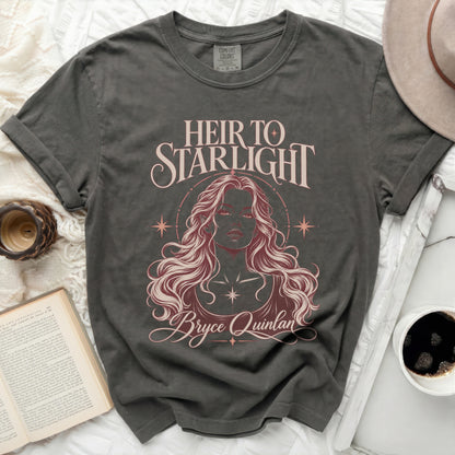 Charcoal t-shirt with "Heir to Starlight" and "Bryce Quinlan" in pink text.