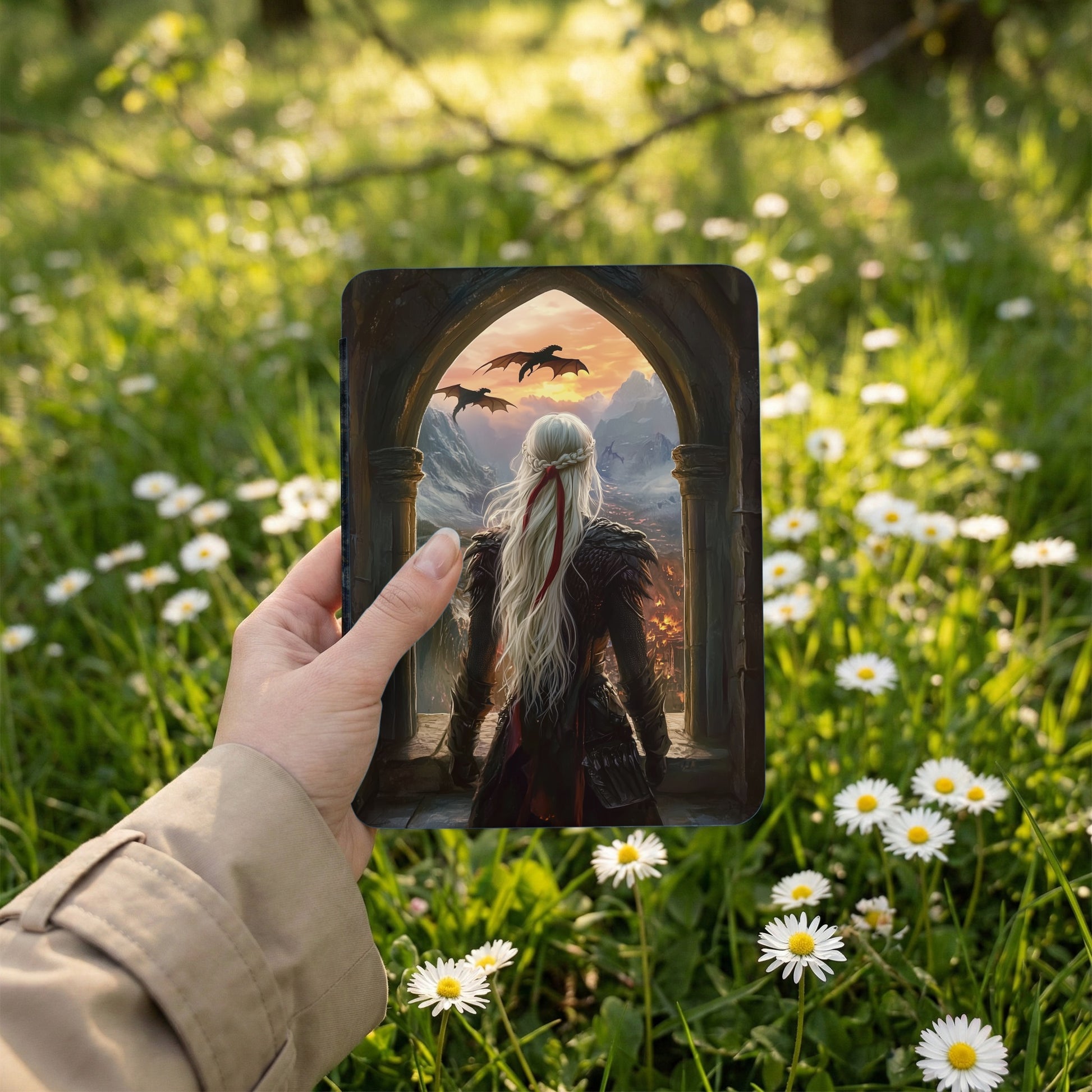 Fantasy Dragons Woman Archway Mountain Fiery Sunset product type