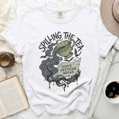 White t-shirt with "Spilling the Tea" and "Since Prythian Began" graphic.