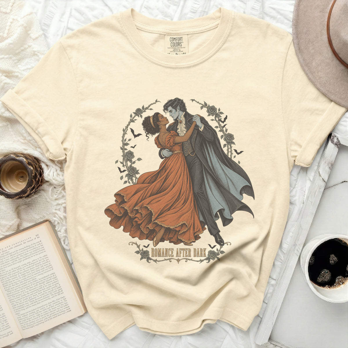 Cream t-shirt with vampire and woman dancing, "Romance After Dark" text.