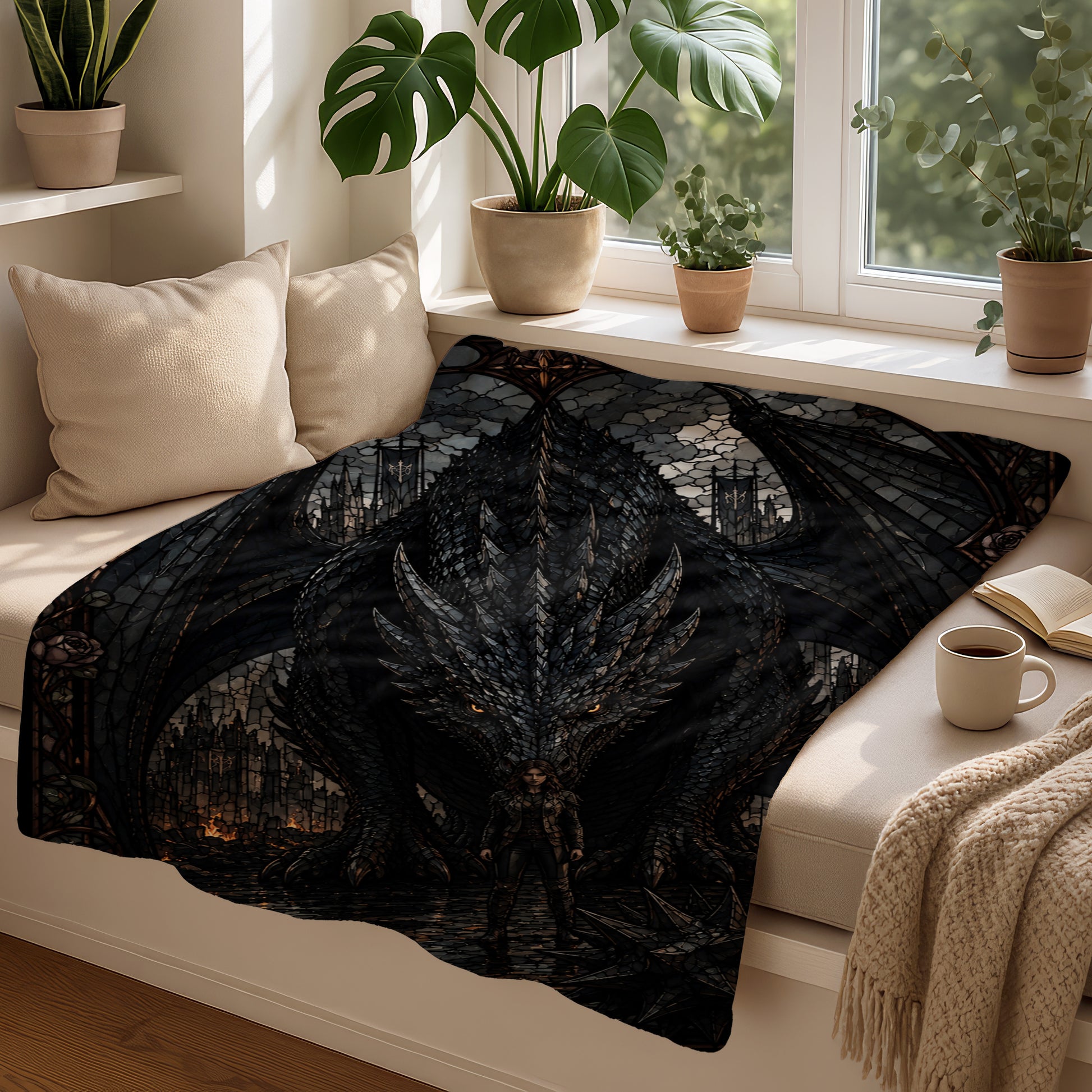Black dragon artwork on blanket with woman, castle, and fire background.