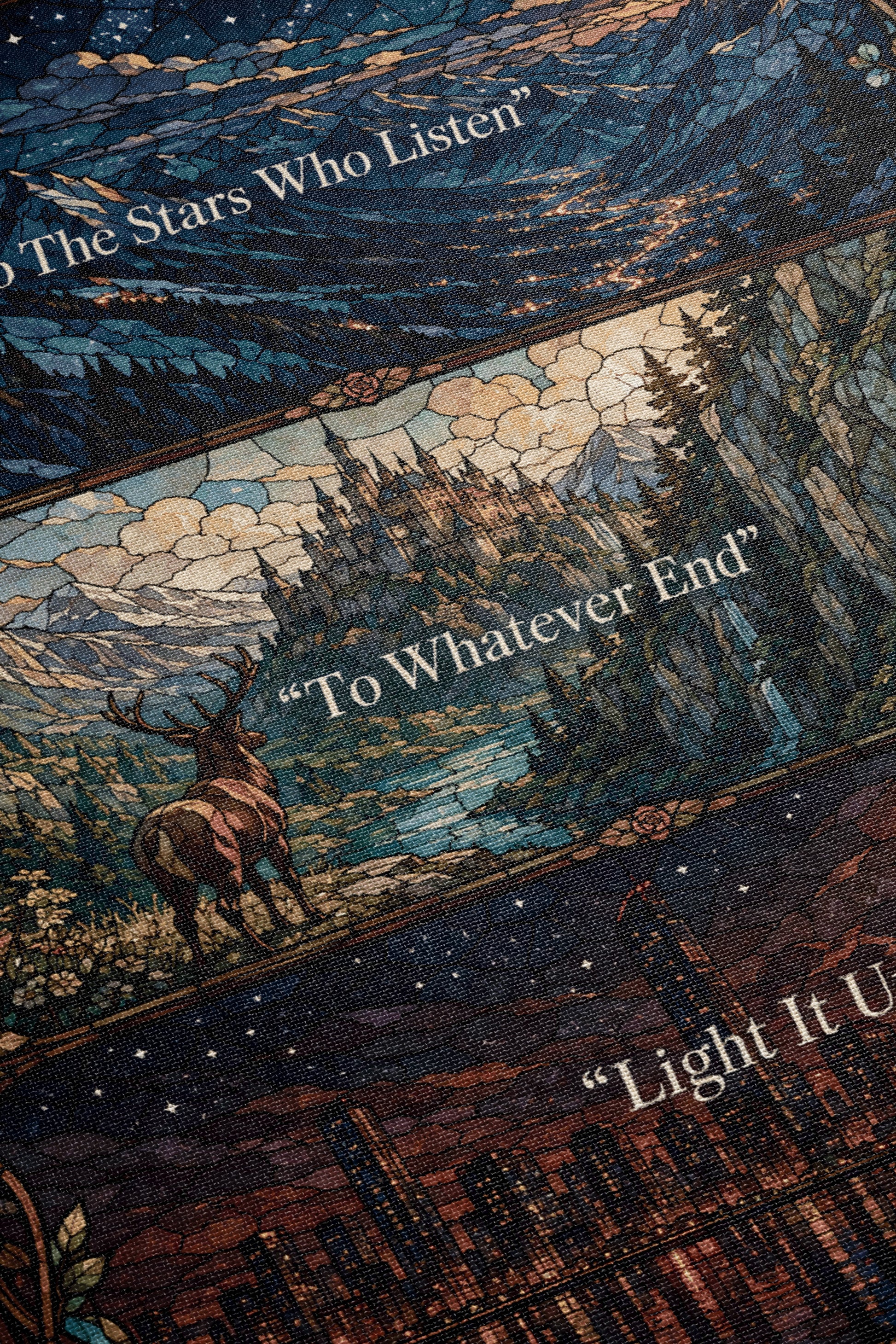 The image is a collage of three distinct scenes, each with its own unique composition and subject matter. The first scene depicts a serene landscape with a castle in the background, the second scene shows a deer in a natural setting, and the third scene features a cityscape at night.