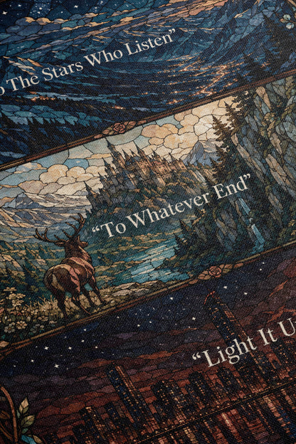 The image is a collage of three distinct scenes, each with its own unique composition and subject matter. The first scene depicts a serene landscape with a castle in the background, the second scene shows a deer in a natural setting, and the third scene features a cityscape at night.