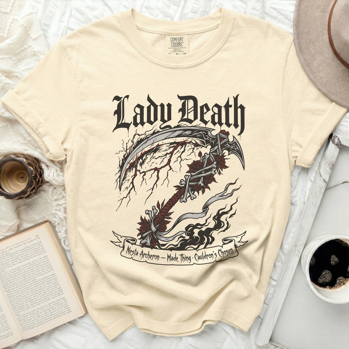 Cream t-shirt with "Lady Death" text and a scythe design.