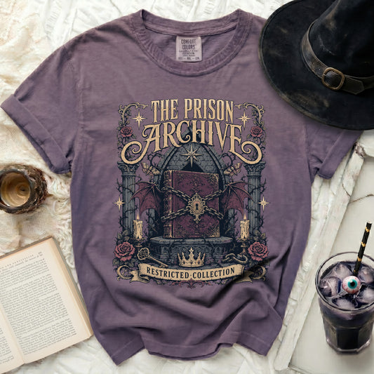 The Prison Archive graphic t-shirt with gothic book and roses design.
