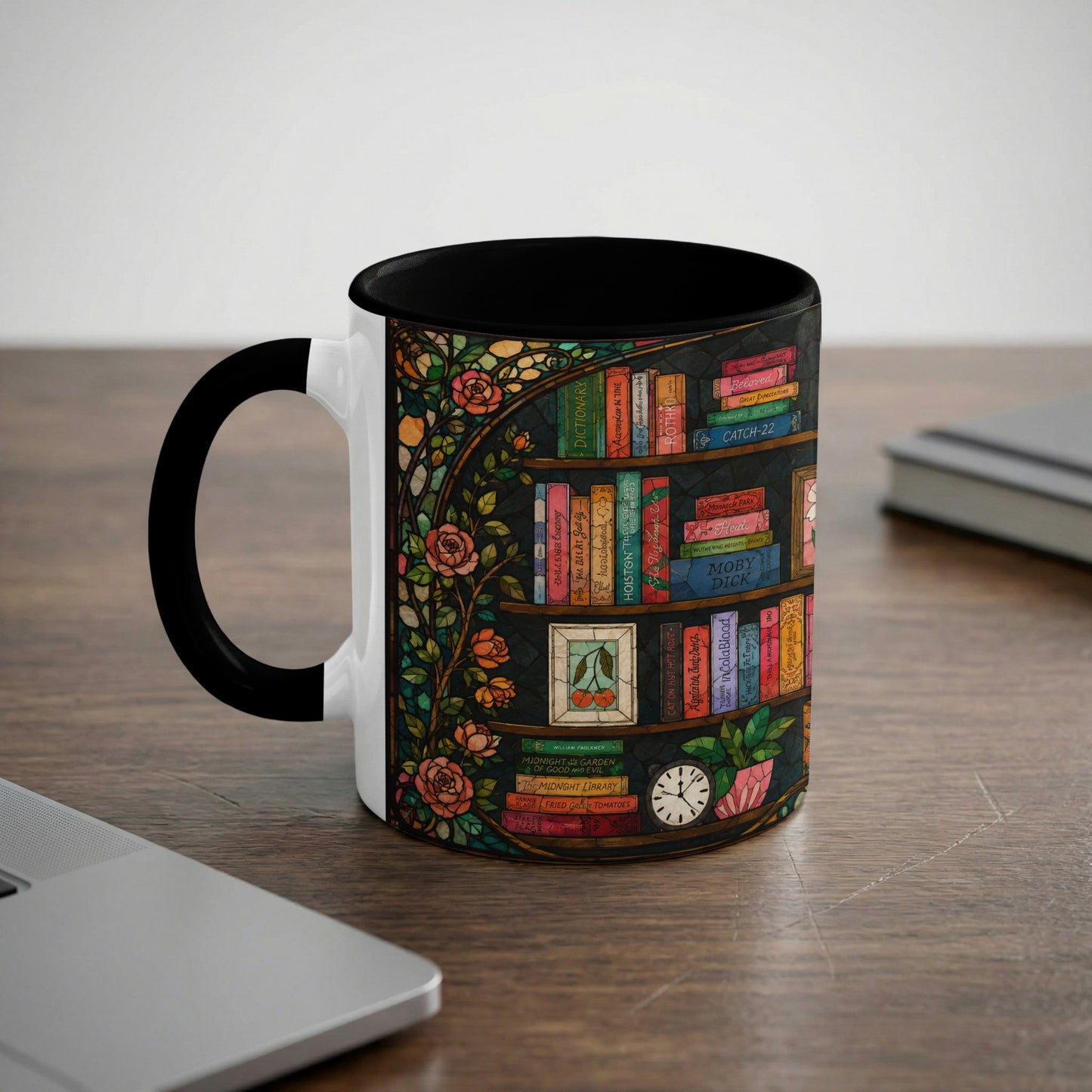 Mug with a stained-glass bookshelf design and rose vines.