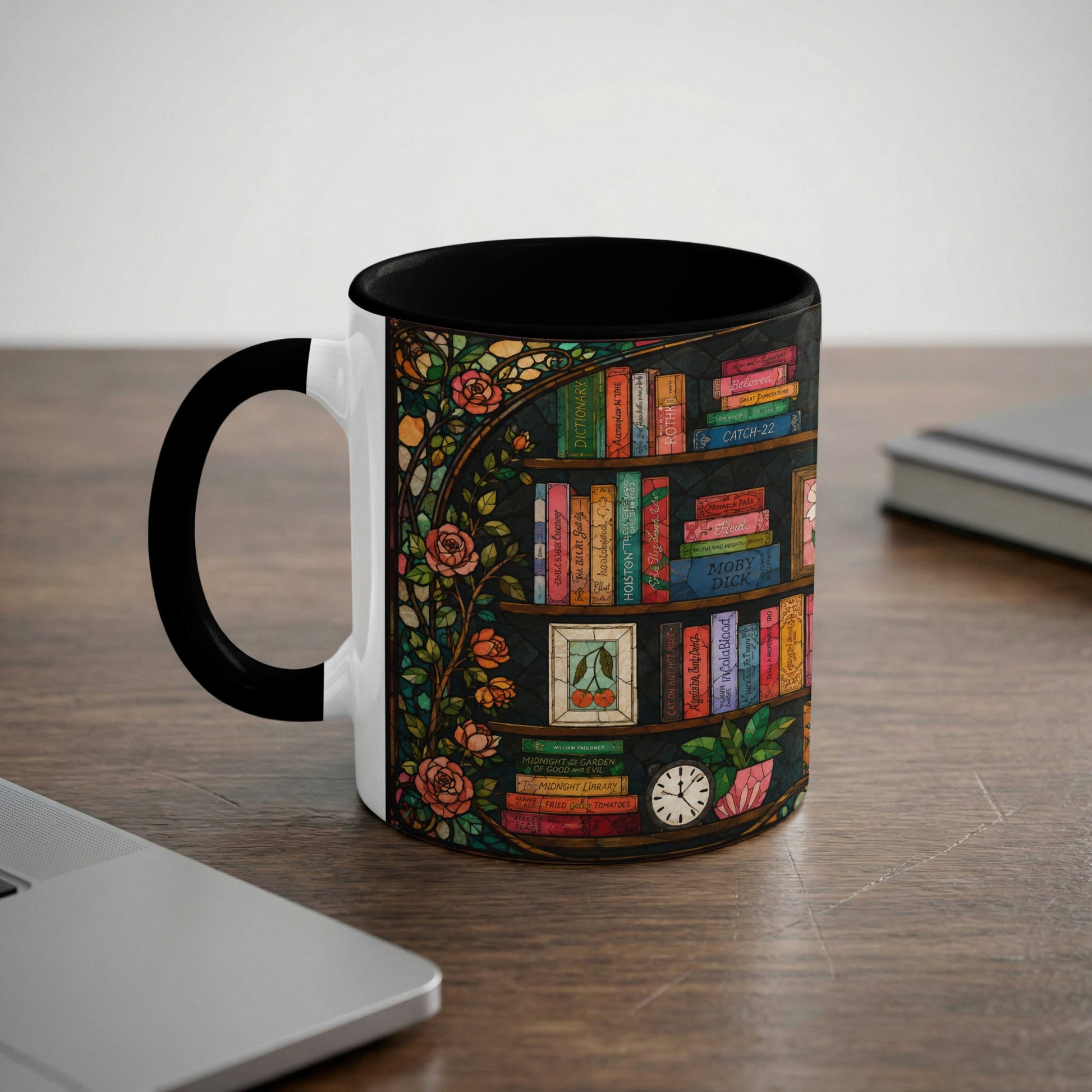 Mug with a stained-glass bookshelf design and rose vines.