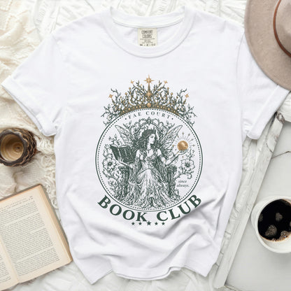 White t-shirt with "Fae Court Book Club" in a circular design.