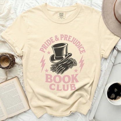 Pale yellow t-shirt with "Pride & Prejudice Book Club" graphic and top hat.