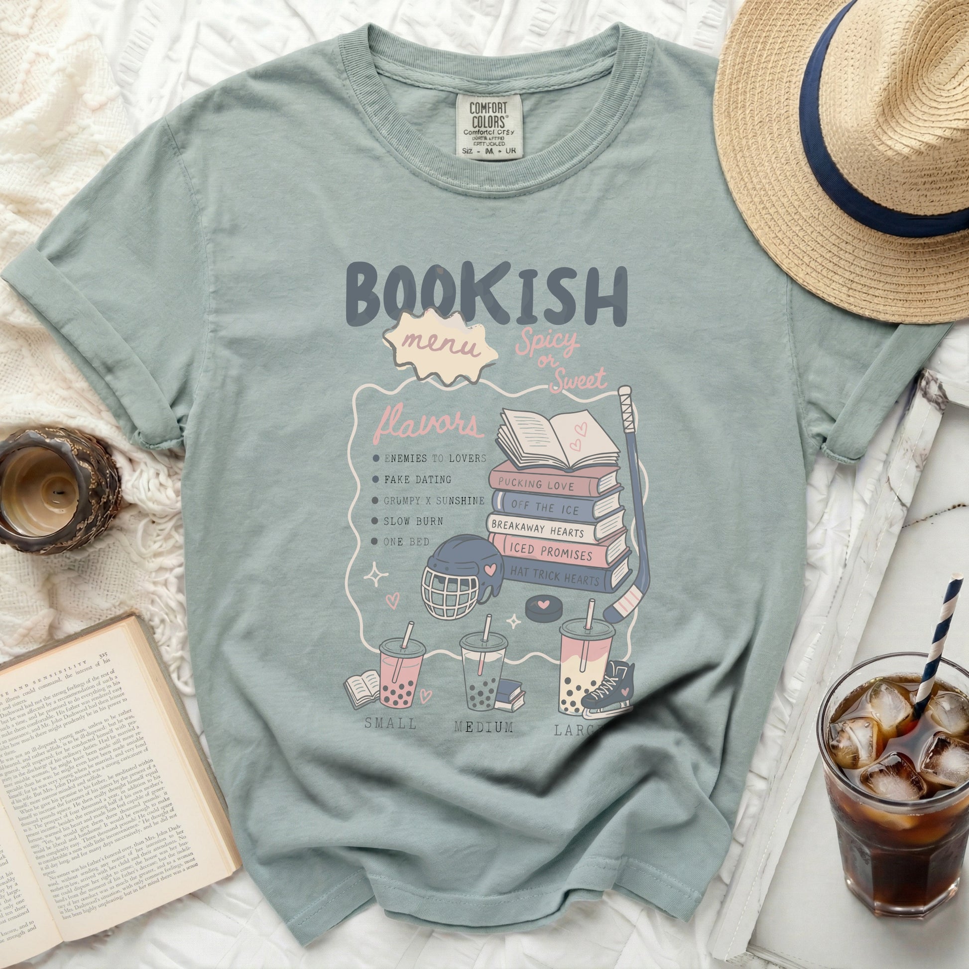 Green t-shirt with "Bookish Menu" and "Flavors" list for book genres.
