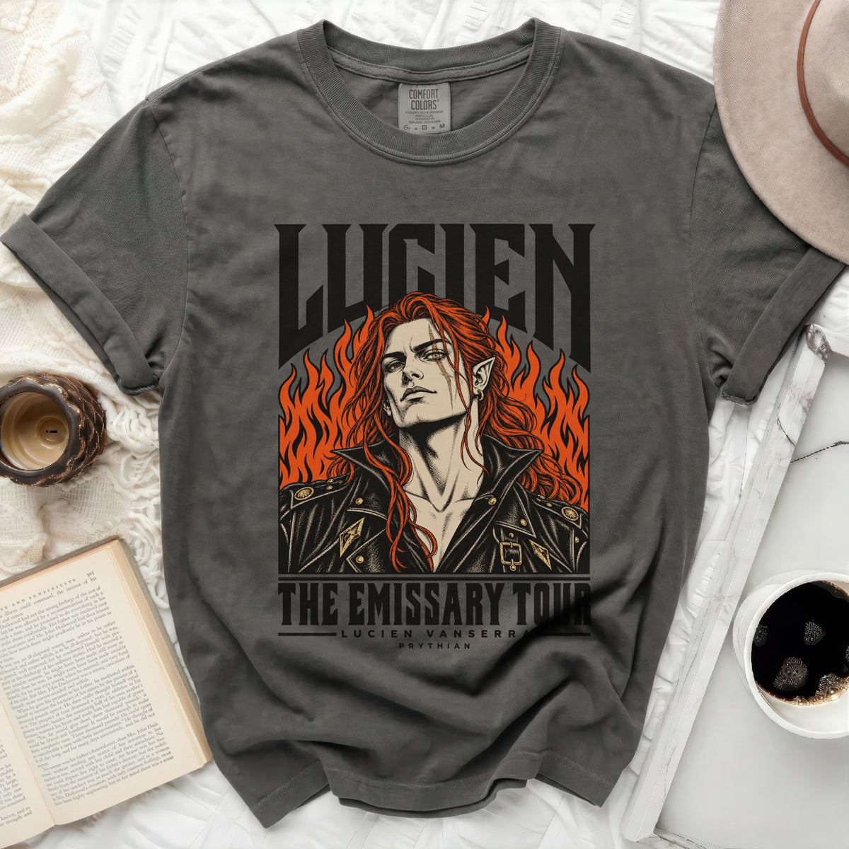 Gray t-shirt with "LUCIEN THE EMISSARY TOUR LUCIEN VANSERR PRYTHIAN" text and graphic.