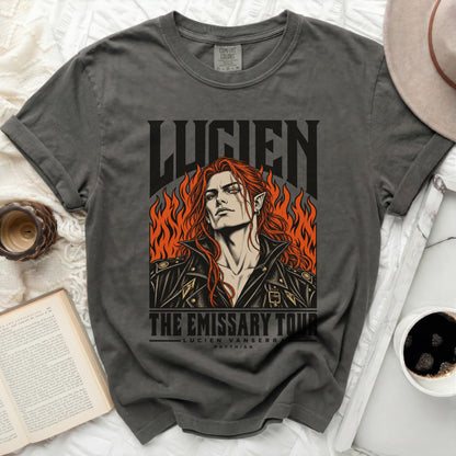 Gray t-shirt with "LUCIEN THE EMISSARY TOUR LUCIEN VANSERR PRYTHIAN" text and graphic.