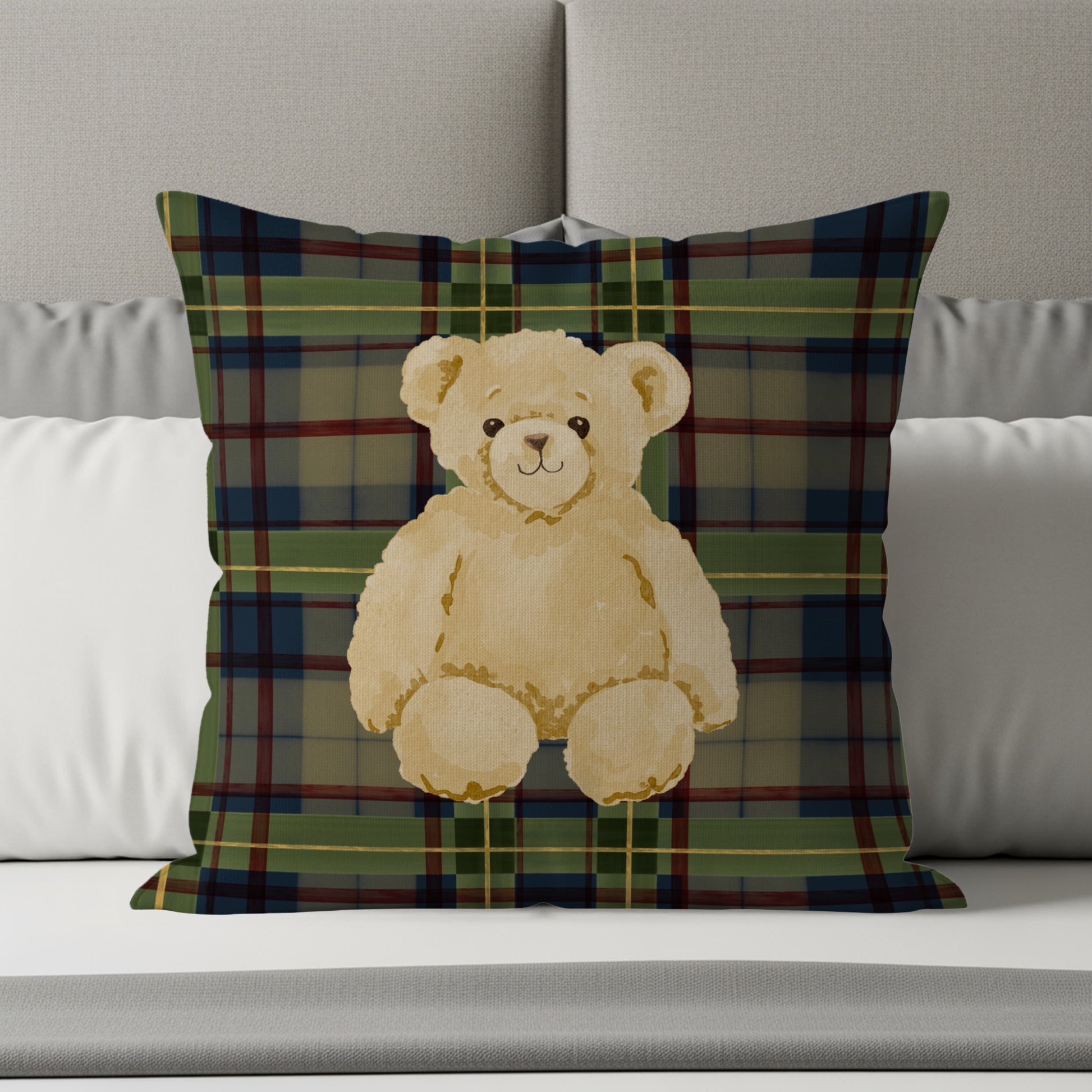 Adorable Plaid Teddy Bear Design Throw Pillow