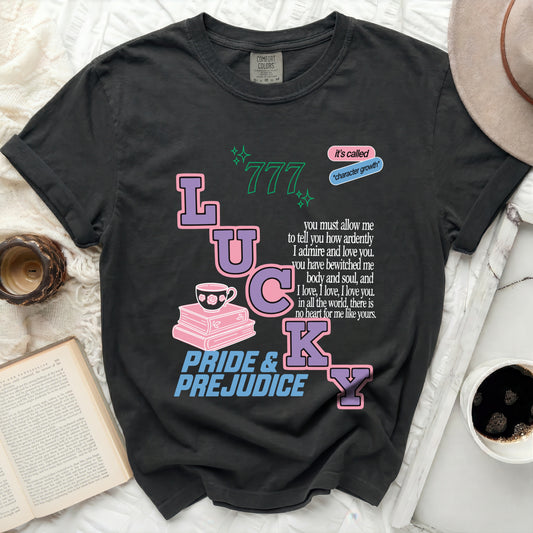 Dark t-shirt with "LUCKY" lettering and Pride and Prejudice quote.