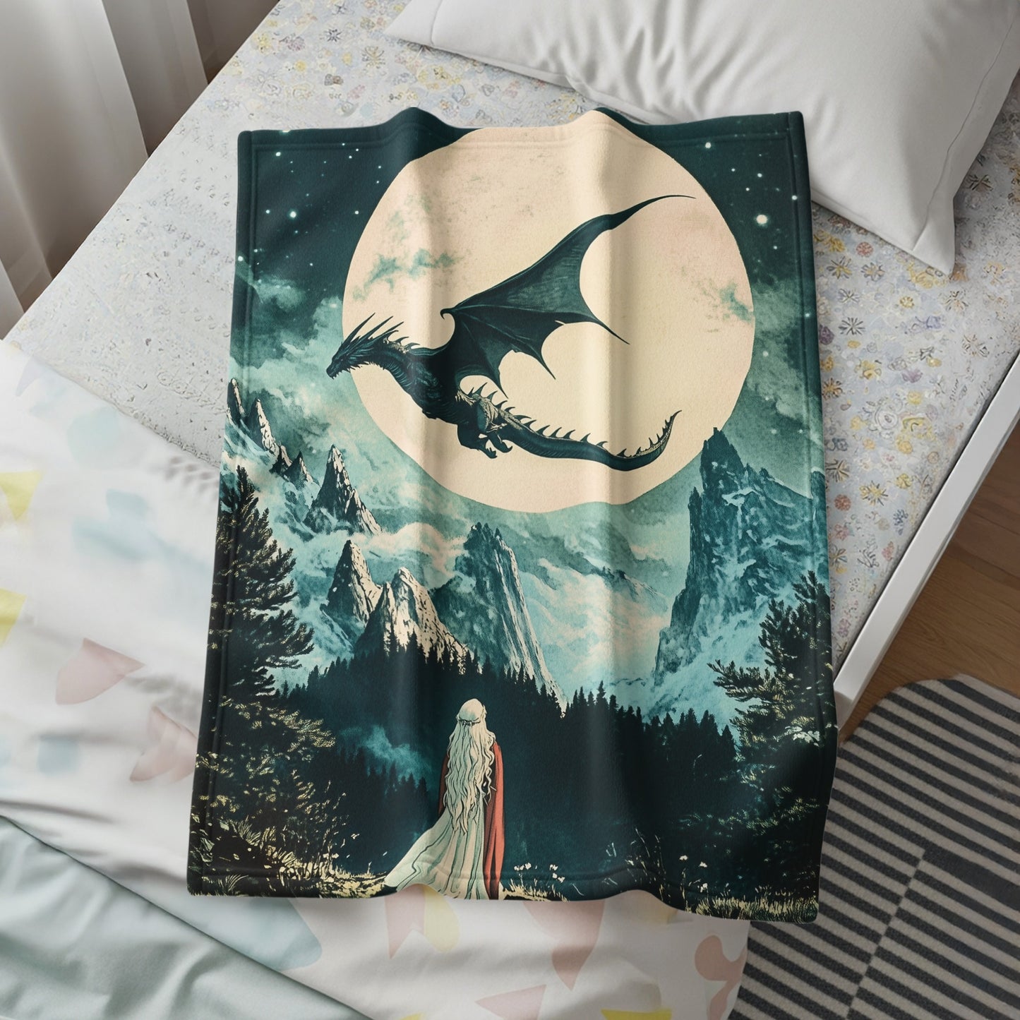 Moonlit Dragon and Mysterious Woman Artwork Blanket